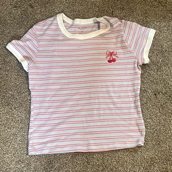 Arizona Jean Company Tops - Y2K Kawaii Arizona Bow Cherry Blue Red Striped Baby Tee Sz Medium (Junior’s)
